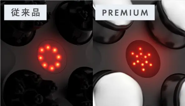 NIPLUX従来品とPREMIUMモデルの赤色LED照射範囲の比較画像