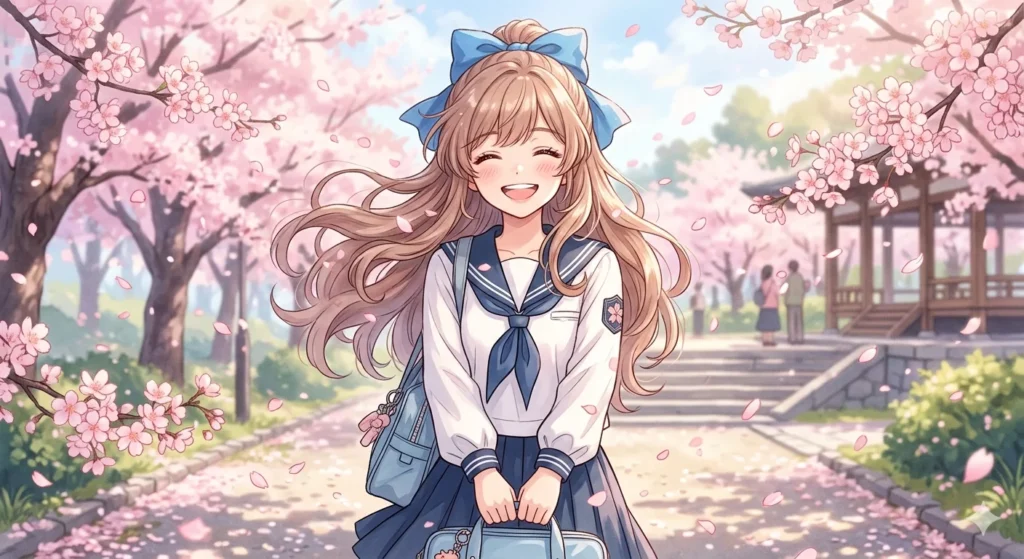 AI生成のイラスト風キャラクター(桜と制服女子・ビフォー)