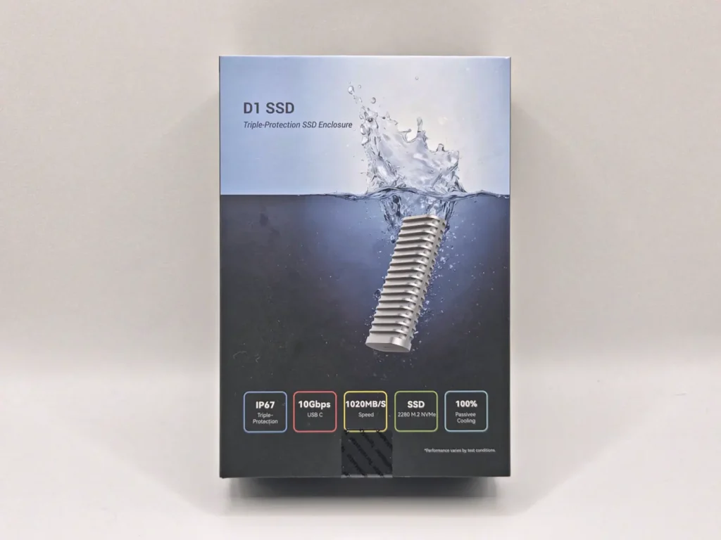 TerraMaster D1 SSDのパッケージ裏面、IP67・10Gbps・1020MB/s・2280 M.2 NVMe・100% Passive Coolingの5つの主要スペック