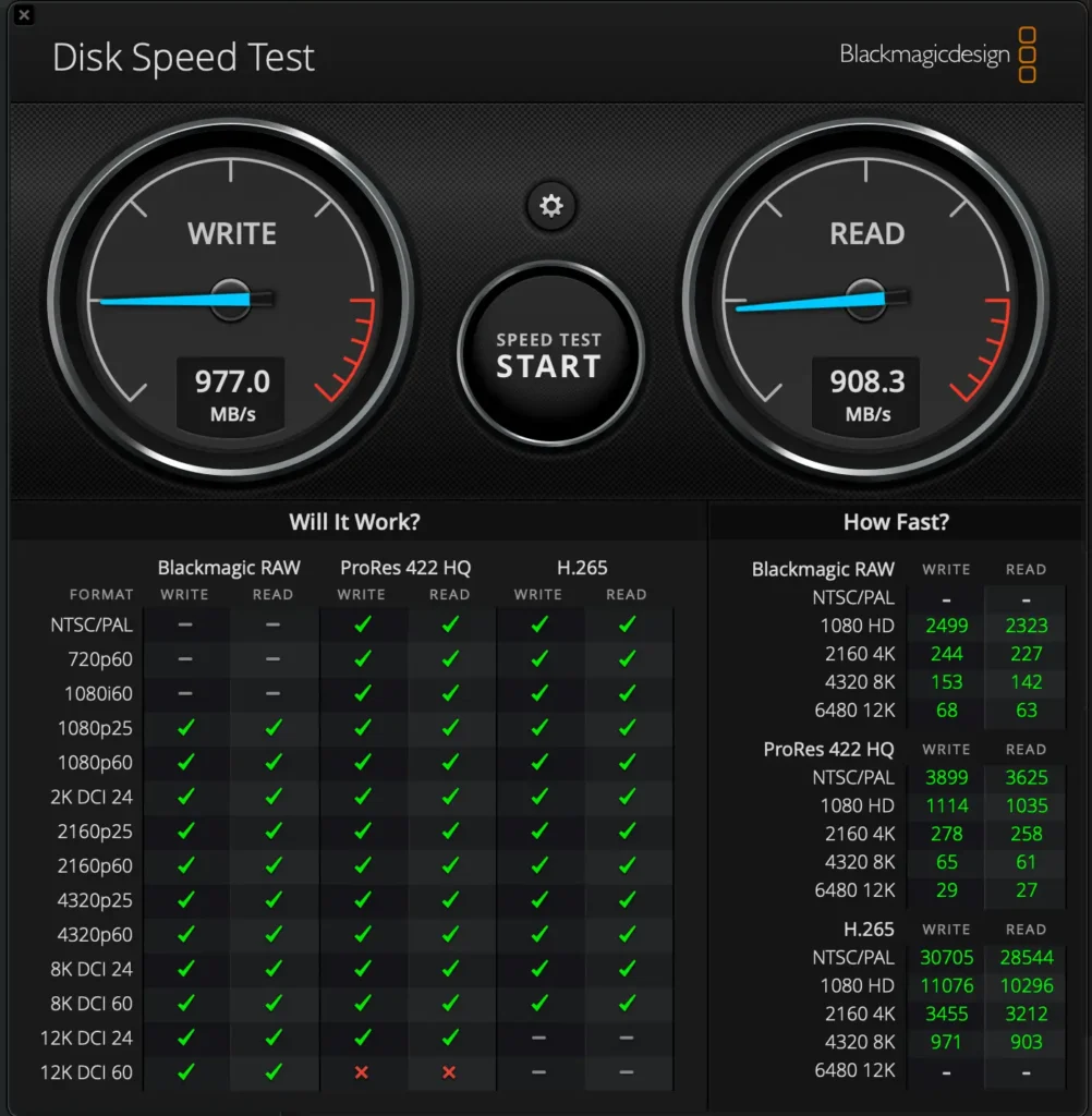 MacBook Air M4でD1 SSDのBlackmagic Disk Speed Test結果、Write 977 MB/s・Read 908 MB/s 