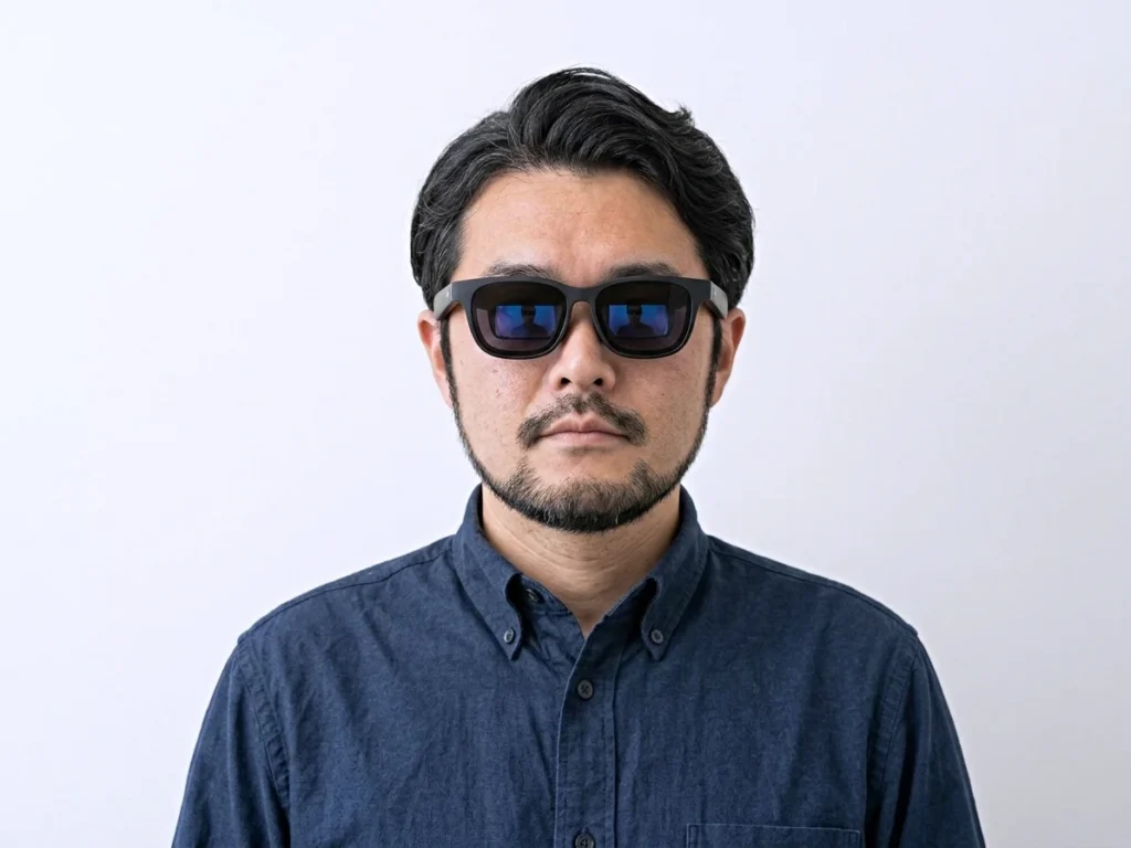 VITURE Beastを装着した正面からの様子。外からはレンズの中身が見えない