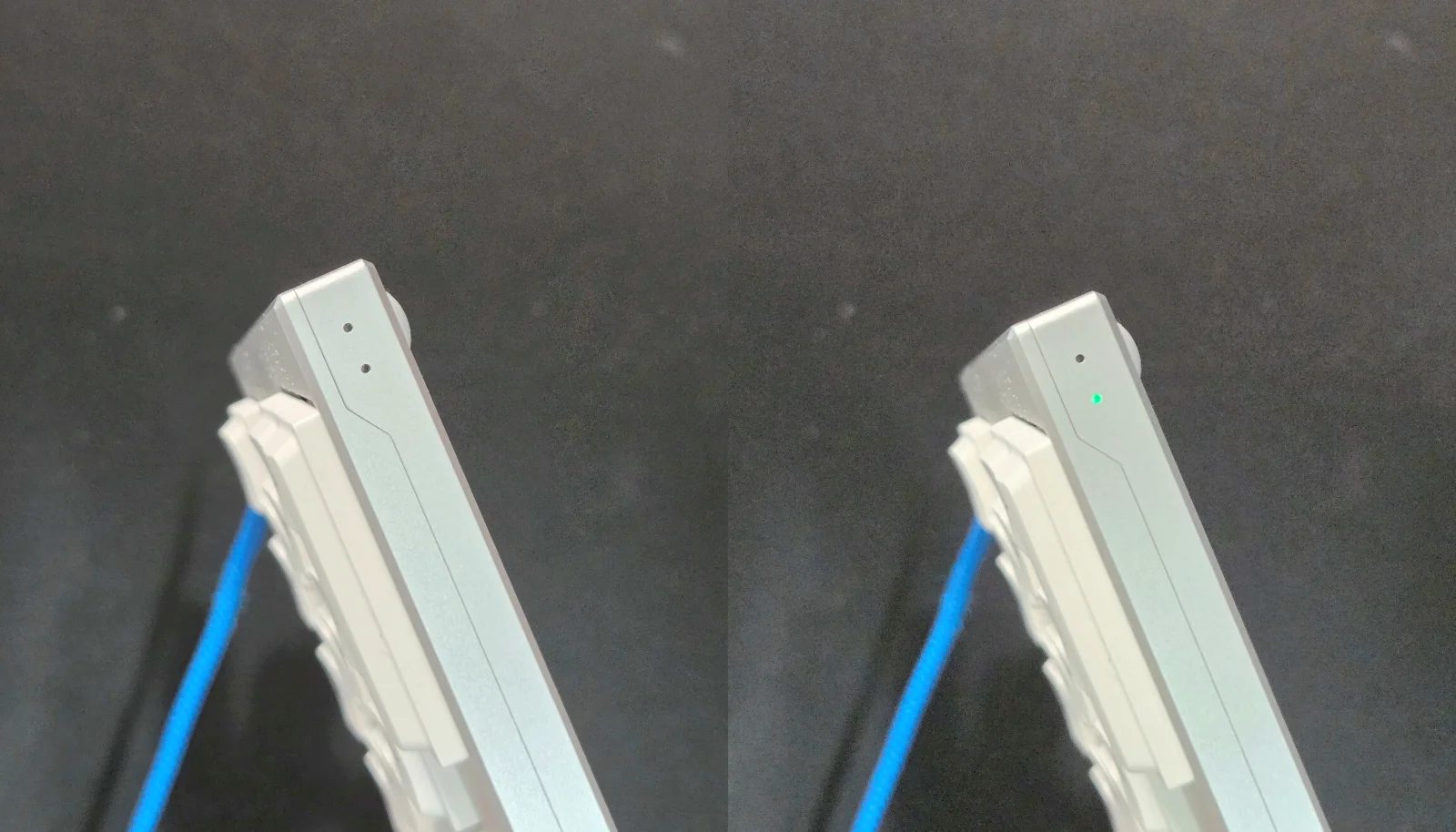 Elimkeys Elytraのインジケーターランプ消灯時と緑点灯時の比較