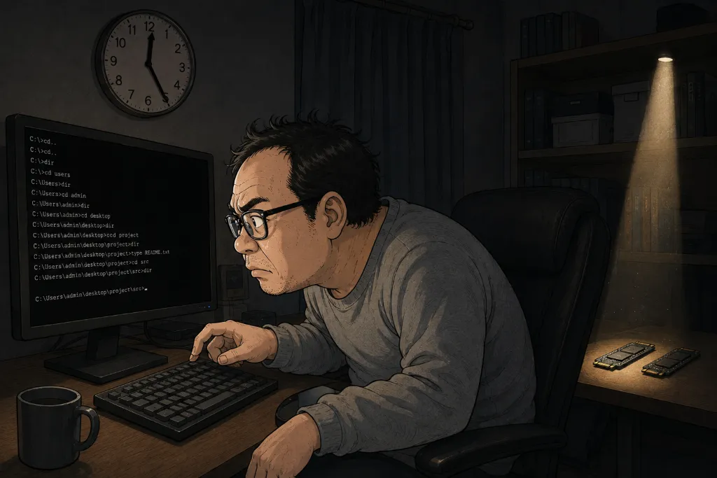 コマンドを打つ本人の背後で、触られていないもう1台のSSDにスポットライトが当たっている