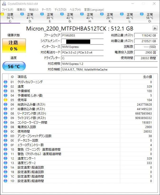 CrystalDiskInfoでMicron 2200の健康状態が注意・使用率104%と表示された画面
