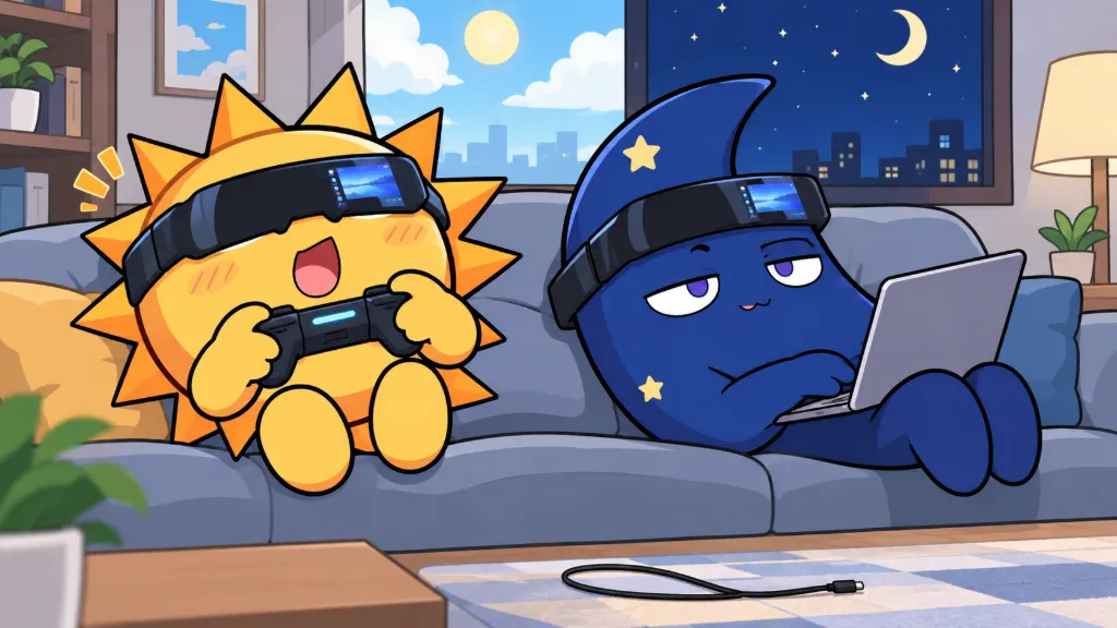 擬人化した太陽と月のキャラクターが、ソファでスマートグラスをかけてPCゲームと作業を楽しんでいるイラスト