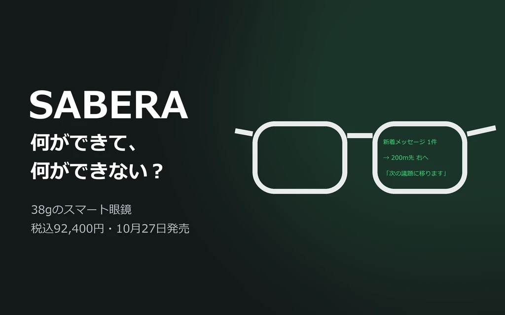 SABERA 何ができて、何ができない？ 右のレンズにだけ緑の文字が浮かぶ眼鏡のイラスト
