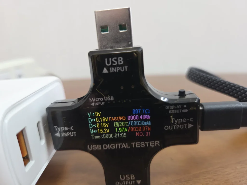 USBテスターの表示、15.2V・1.97A・30.07W