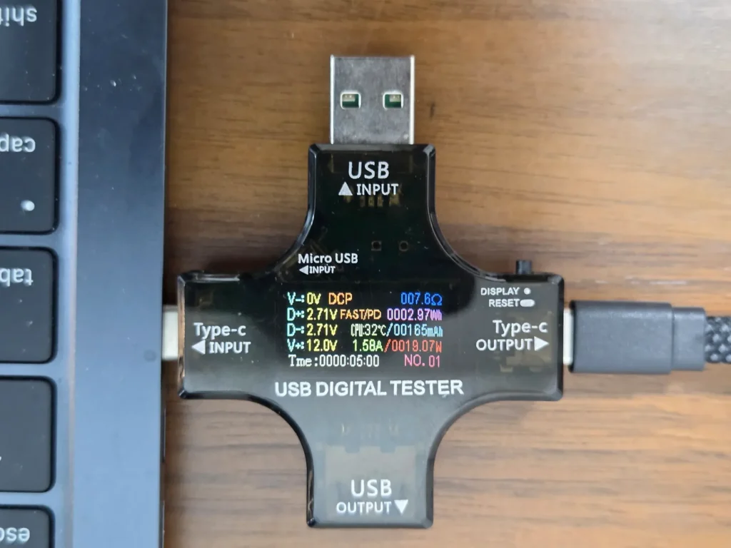 5分の時点のテスター、12.0V・1.58A・19.07Wに下がった