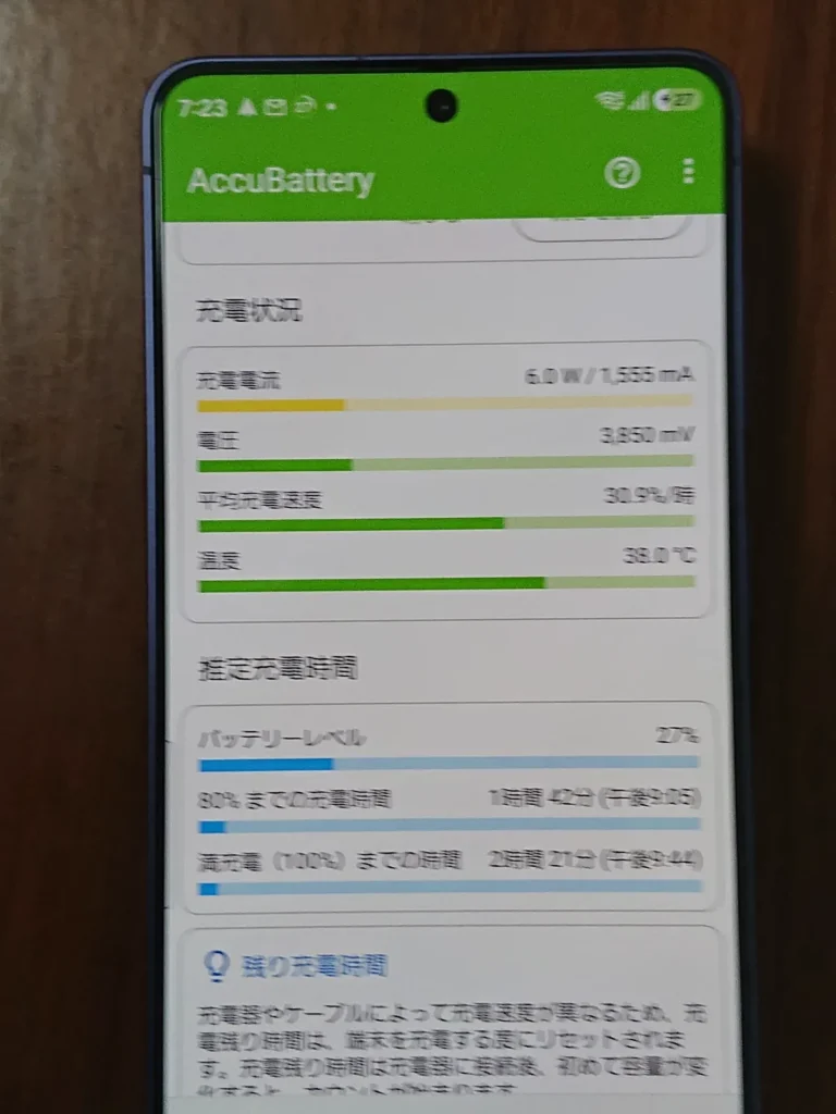 ケースを外したときのAccuBattery、6.0W