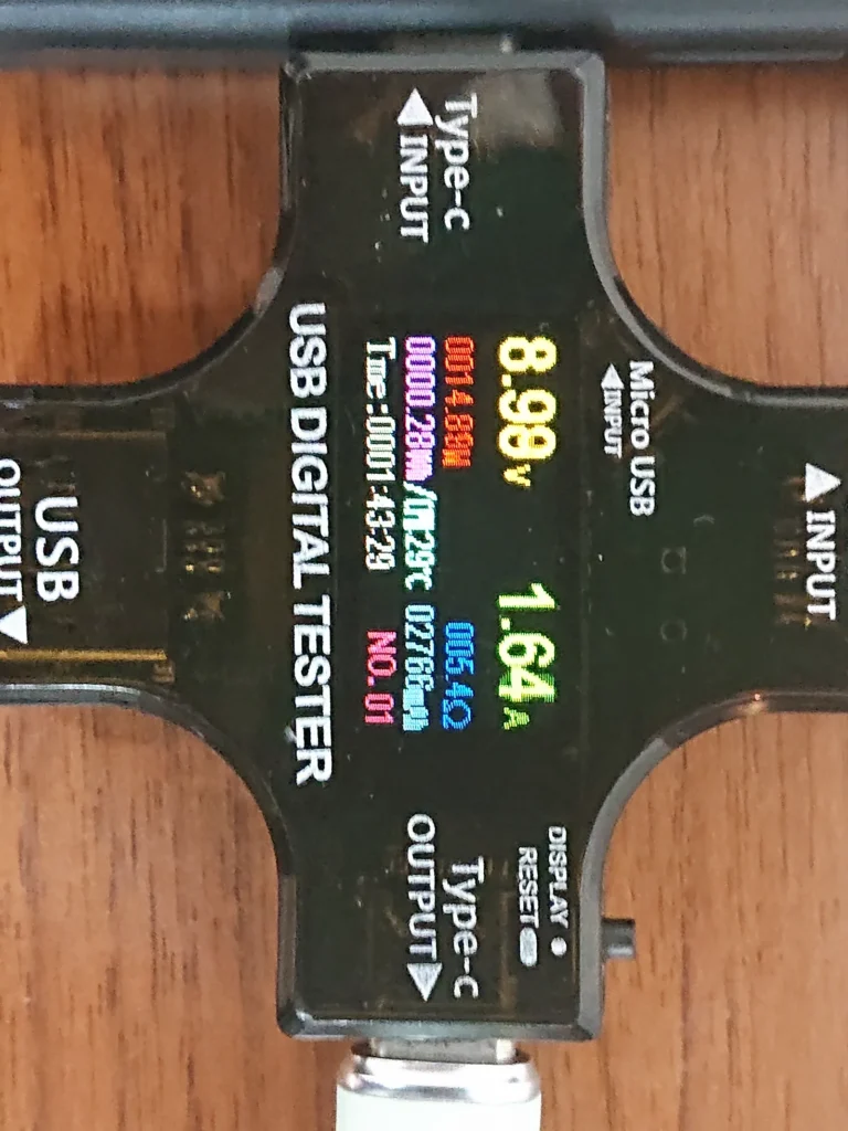 同じときのUSBテスター、14.88W