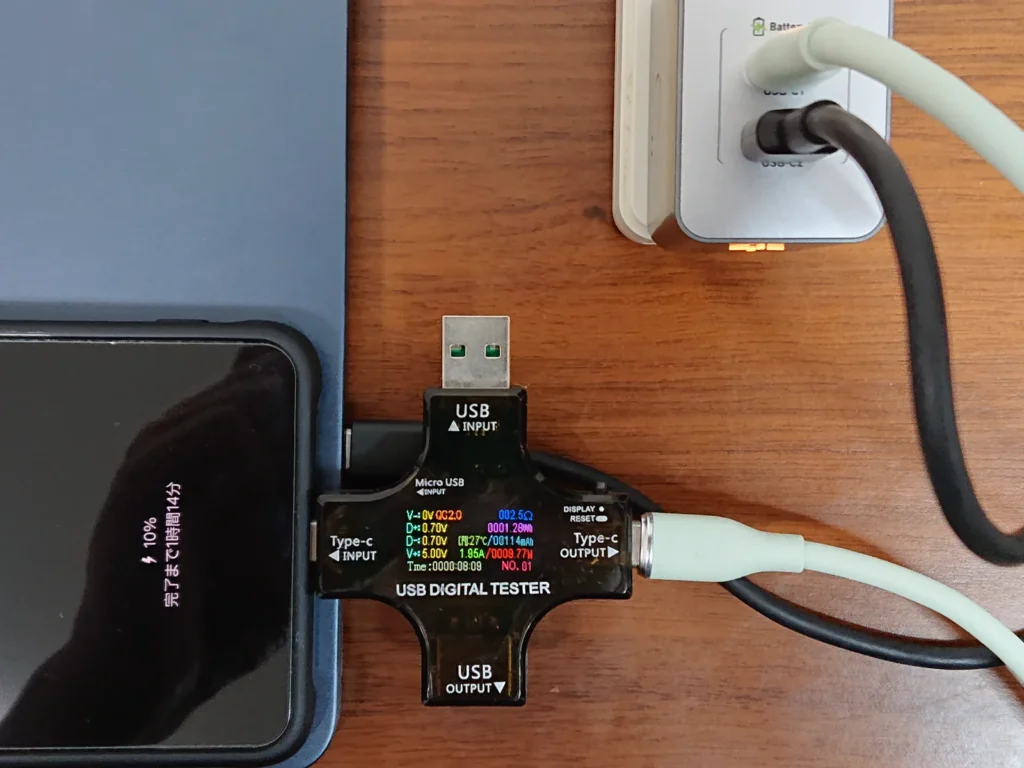 同じ状態でテスターを Galaxy 側に付け替えると5.00V・9.77W