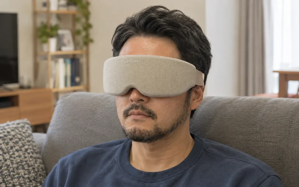 リビングのソファでTearmoreを着けた男性を正面から