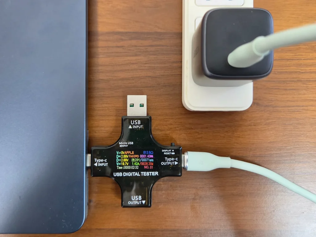 UGREEN 30W 充電器に USB テスターを挟んで MacBook Air をつないだところ、表示は28.20W